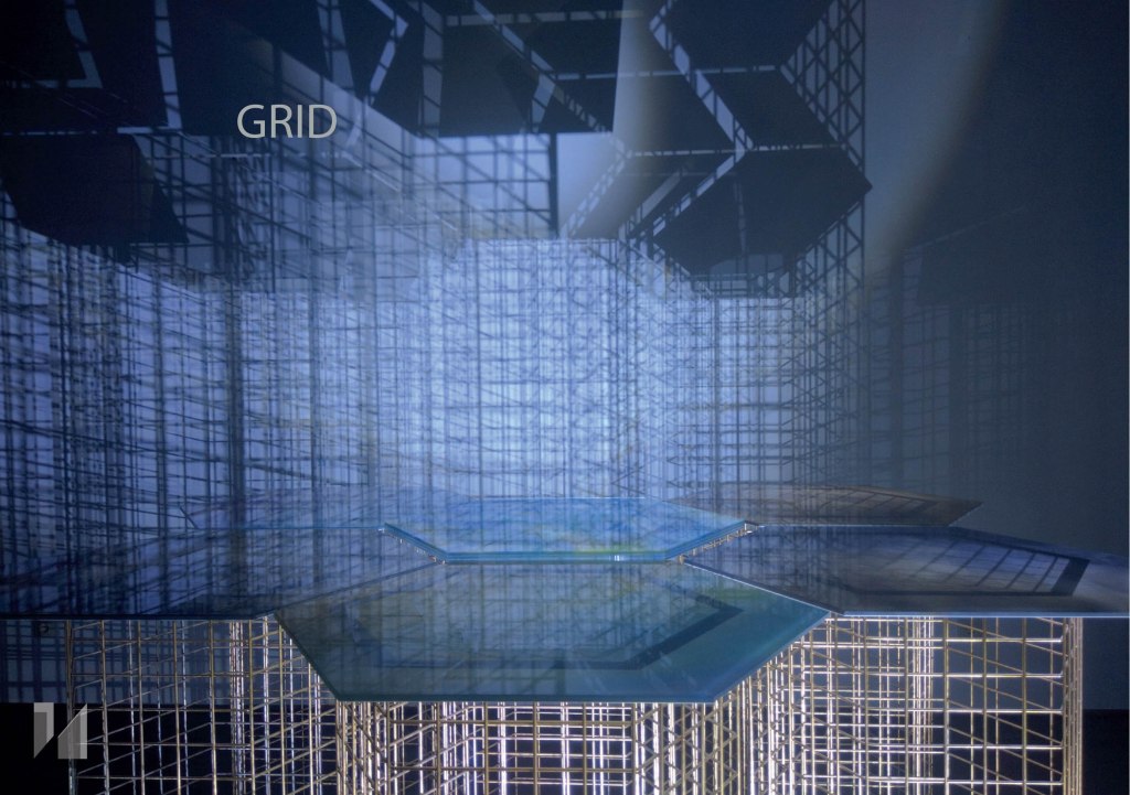 glass table top glass painting
hexagon table base
metal grid gold grid
bar table
Kubrick grid design
ambient event artwork
projected light glass gold structure